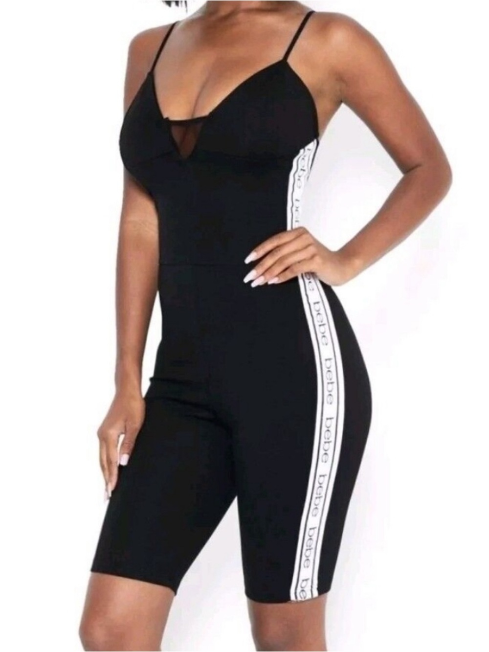 bebe Black Bodycon Strappy Logo-Trim Romper with Mesh Detail at Chest SZ. L NWT